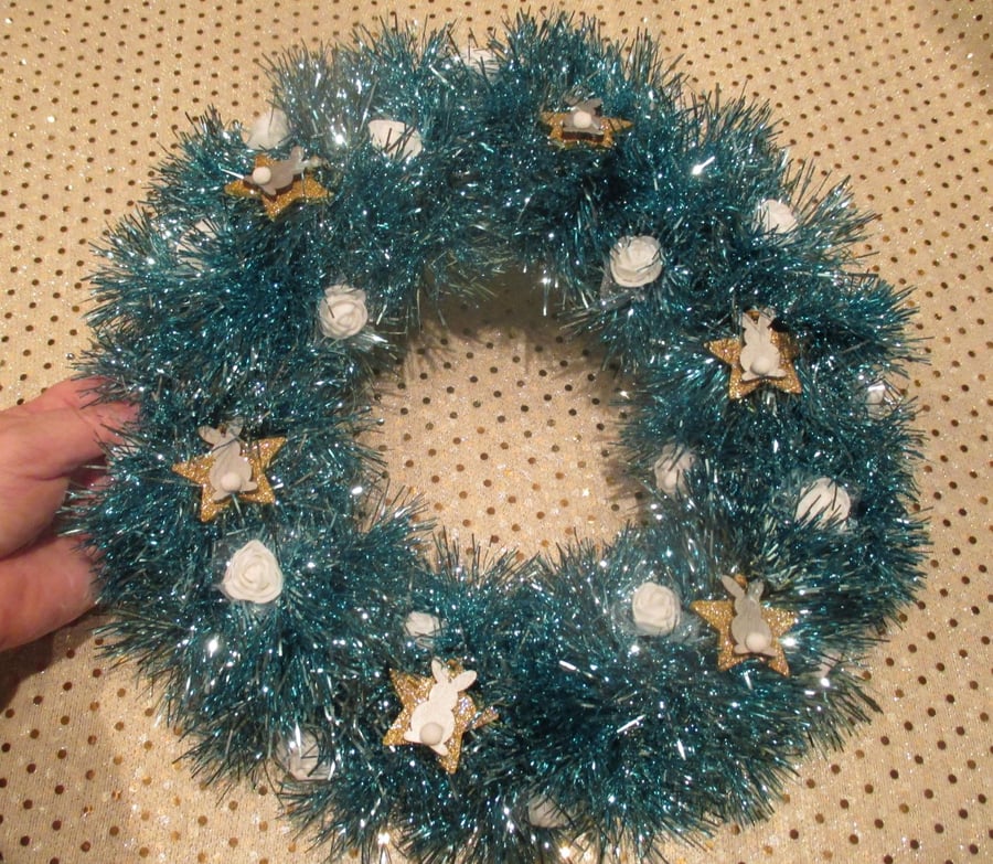SALE Bunny Rabbit Star Christmas Wreath Tinsel Blue White Silver Gold Roses
