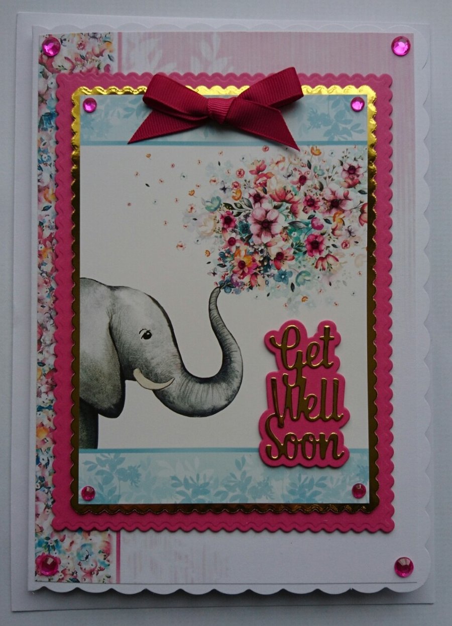 Get Well Card Cute Elephant Get Well Soon Flowers 3D Luxury Handmade Card