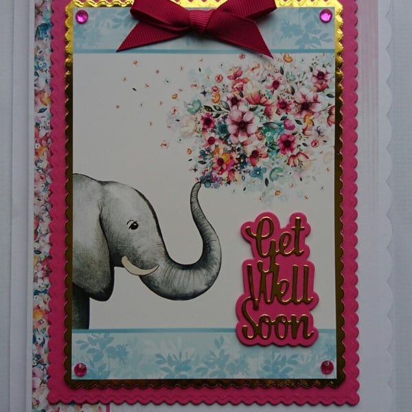 Get Well Card Cute Elephant Get Well Soon Flowers 3D Luxury Handmade Card