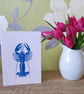 Lobster blue original linocut print greeting card blank