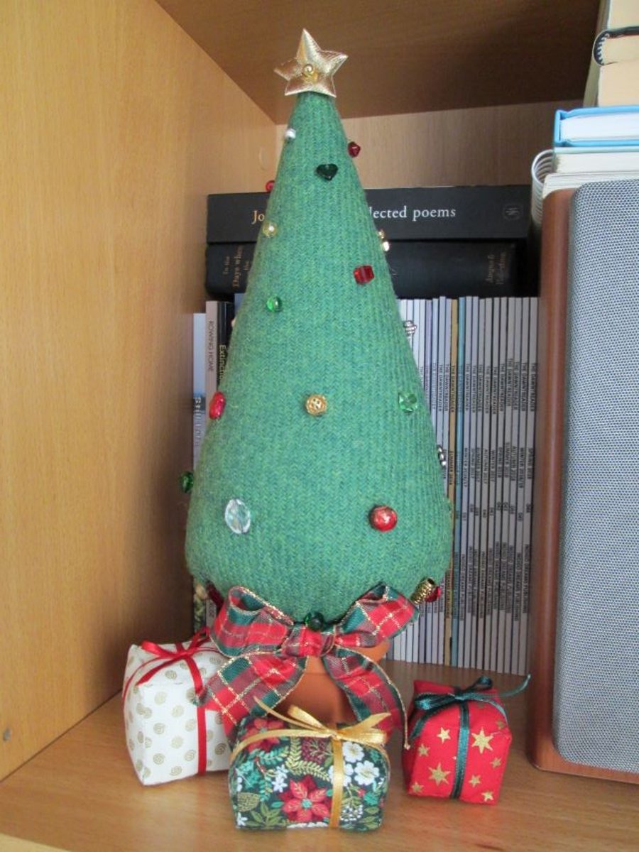 Small 'Harris Tweed' Christmas Tree with Fabric Parcels for Shelf or Table Top