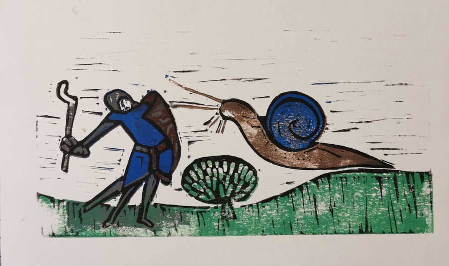 Knight battling a snail linocut print.