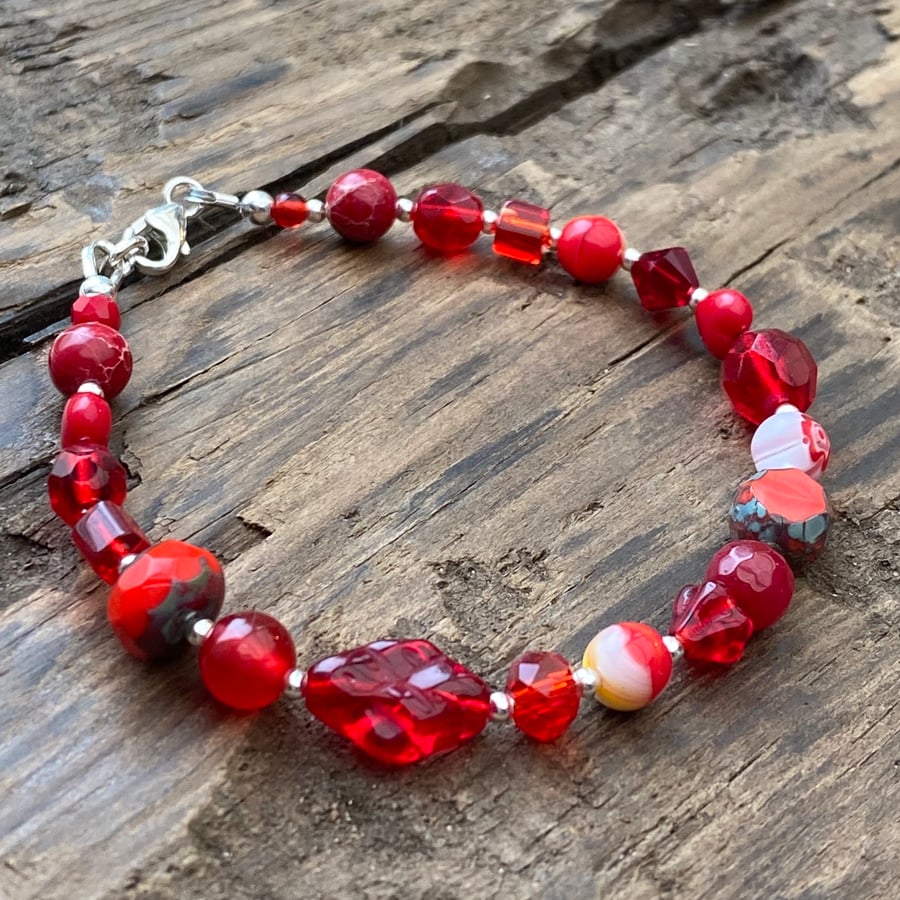 Red Mix Beads & Sterling Silver Bracelet 