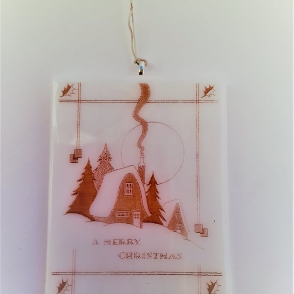 Art Deco 'Happy Christmas Houses' Glass Decoration