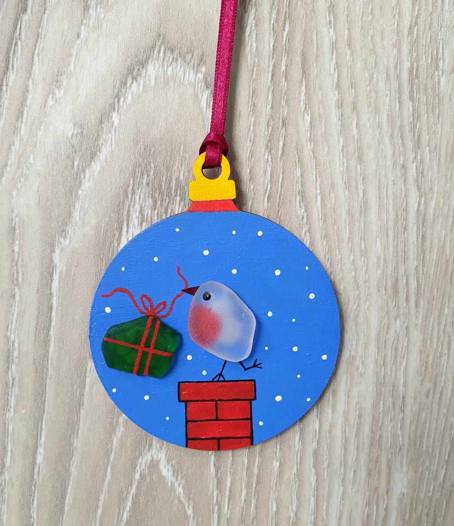 Sea glass robin on chimney