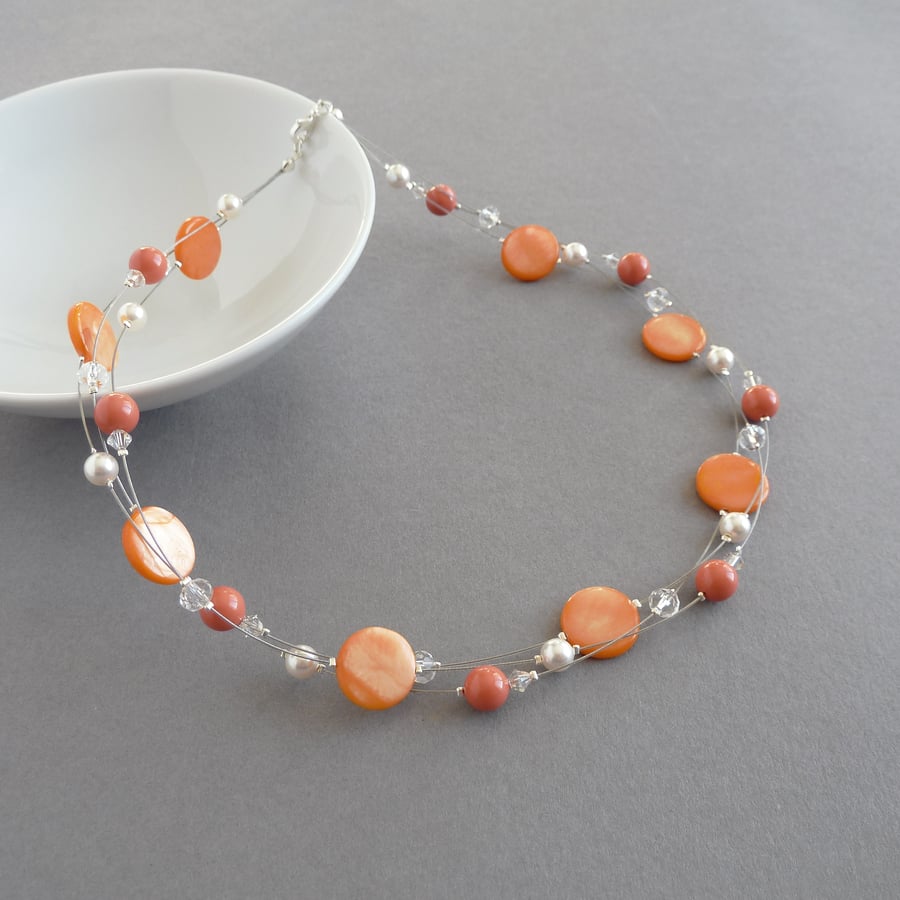 Orange Floating Pearl Necklace - Tangerine Multi-strand Jewellery - Bridesmaids