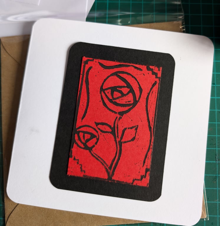 Rose Lino Print Card - Hand printed Card Square