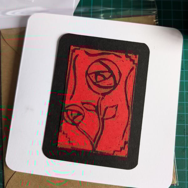 Rose Lino Print Card - Hand printed Card Square