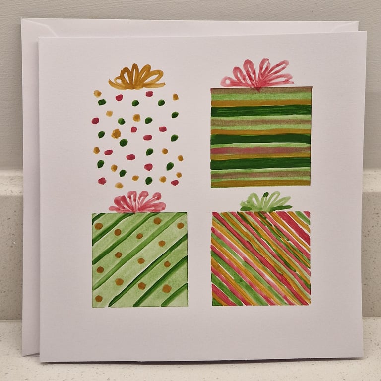 'Christmas Gifts' watercolour colourful presents Christmas Card