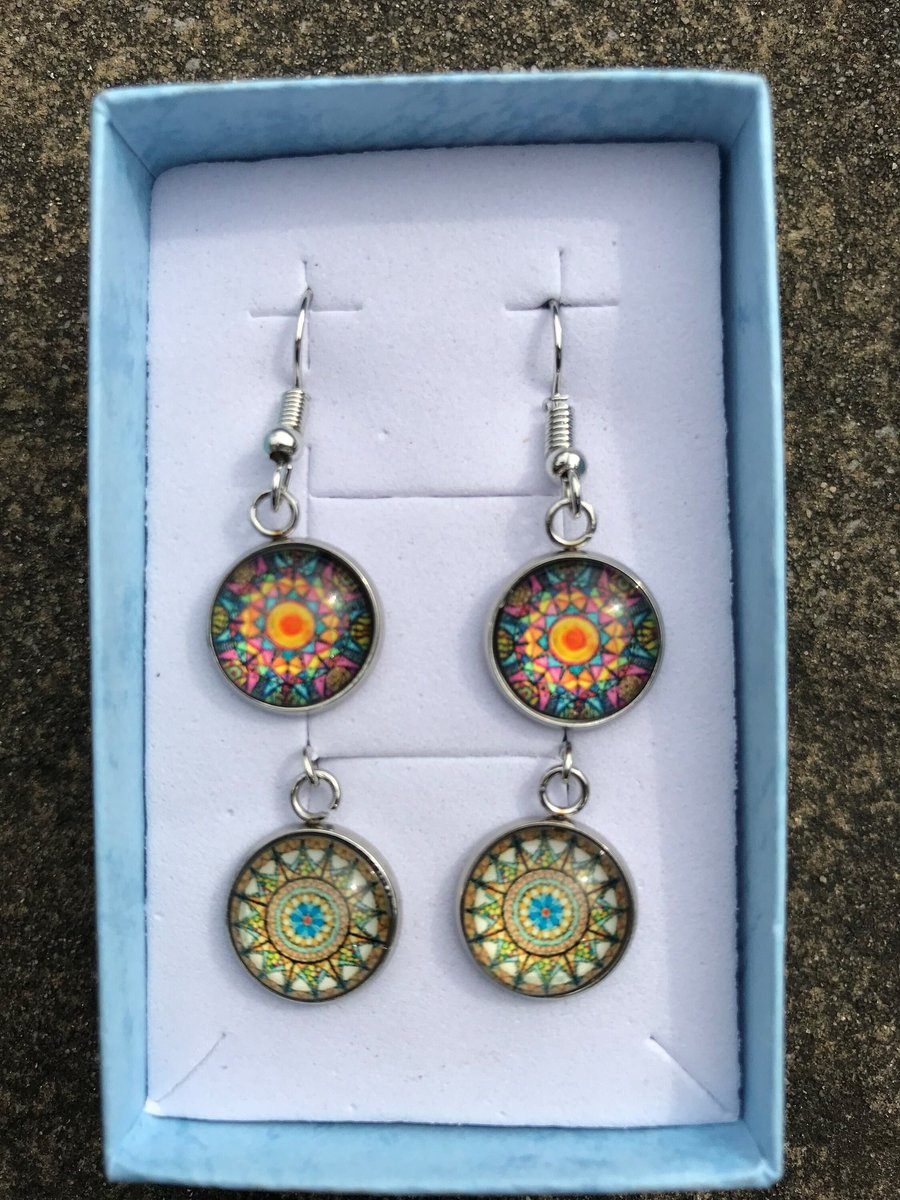 Glass Mosaic Effect Drop Earrings - 2 pairs - Mixed