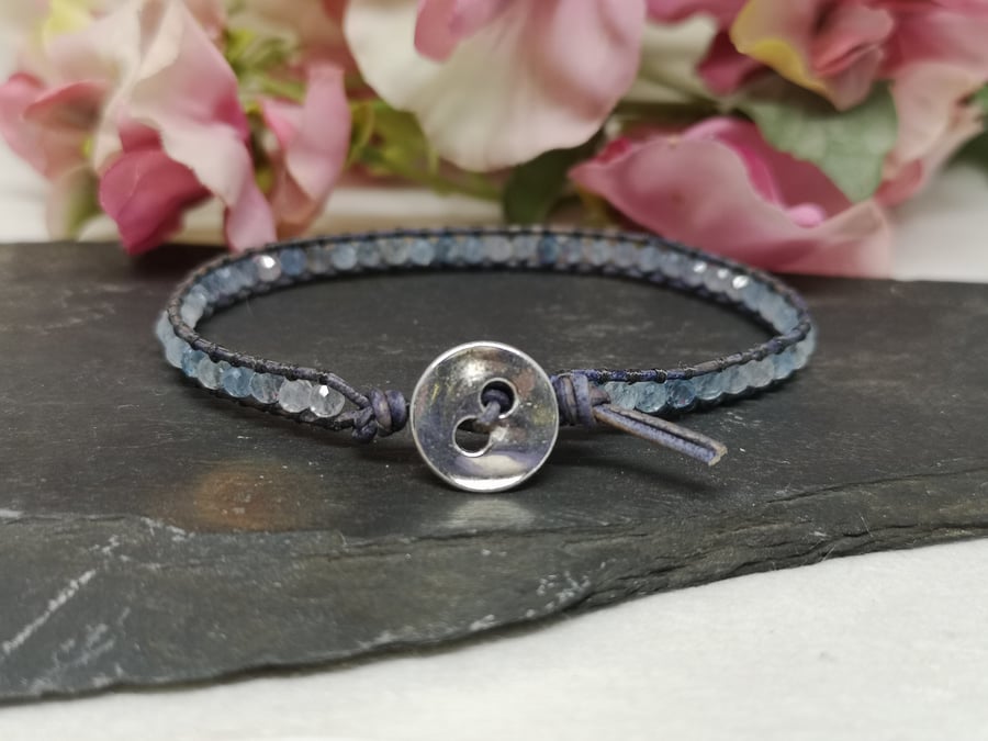 Aquamarine blue gemstone and leather bracelet, March birthstone 