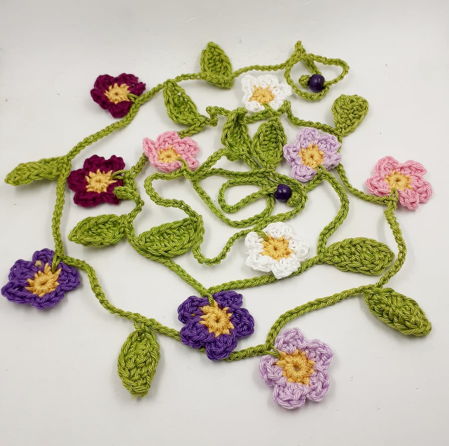 Crochet Flowers Garland in Purples, White and Pink