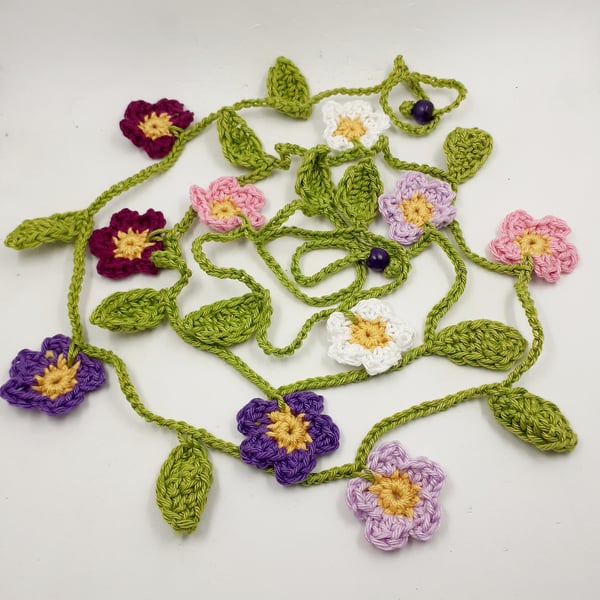 Crochet Flowers Garland in Purples, White and Pink