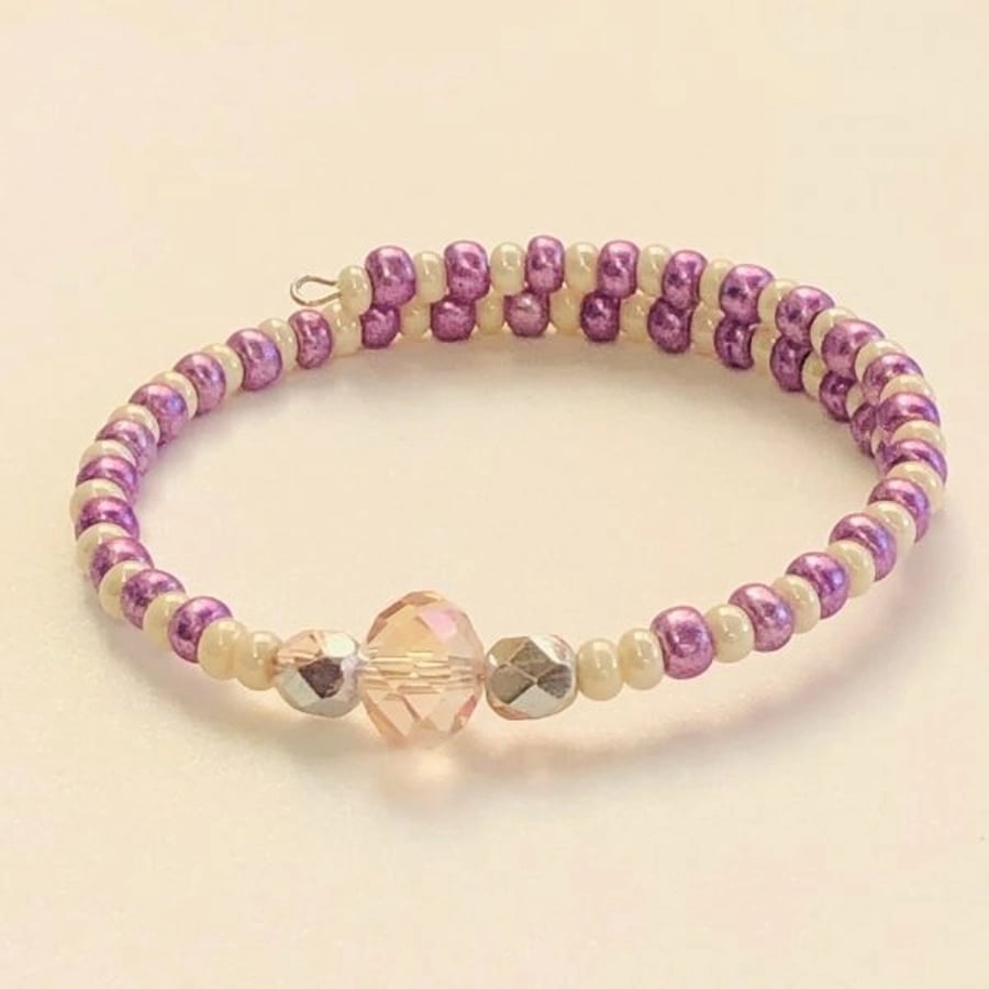 Wire wrap bracelet purple cream