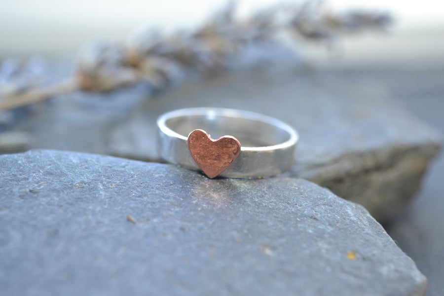 Sterling silver band with copper hammered heart, valentine