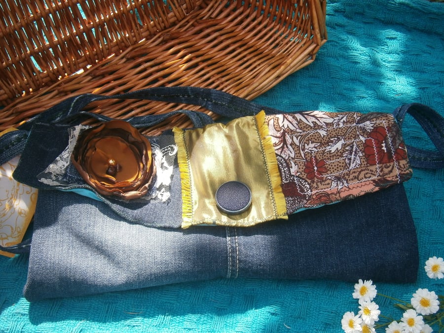SALE Indigo Stone-Wash Denim Patchwork 'Upcycled' Shabby Chic Boho Bag LARGE