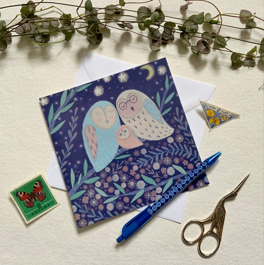 Owl Family, blank greetings card