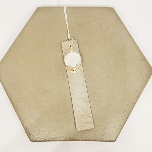Coin Pearl on Sterling Silver Hand Textured Bar Statement Pendant Necklace for J