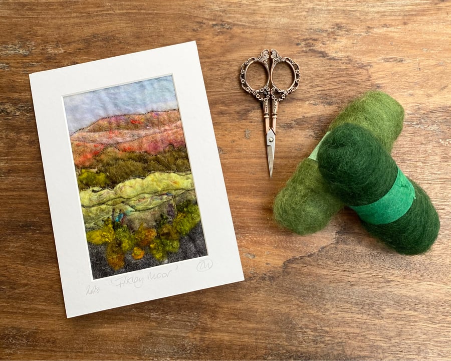 Embroidered Moorland landscape wet felting. 