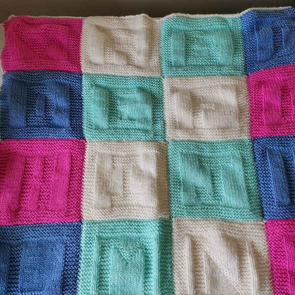 Hand Knitted Baby Blanket, Alphabet Baby Blanket, Baby Gift, Baby Girl