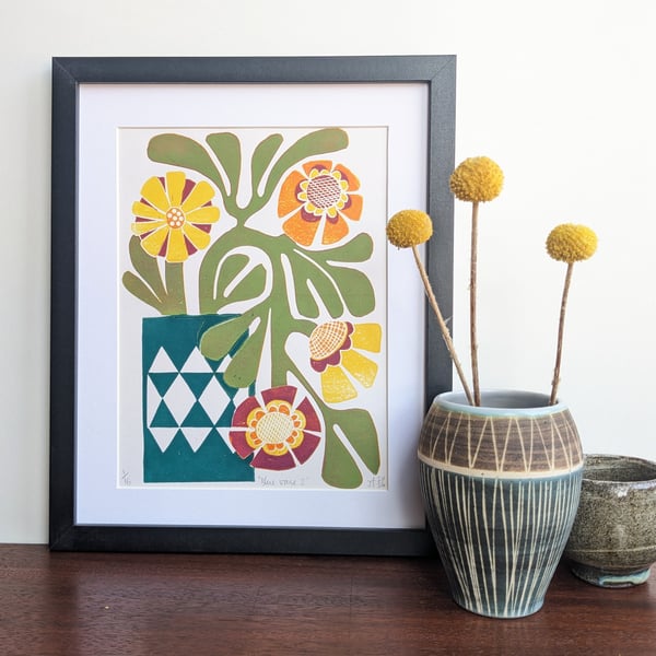 Flowers in a Blue Vase 2 - Original Lino Print