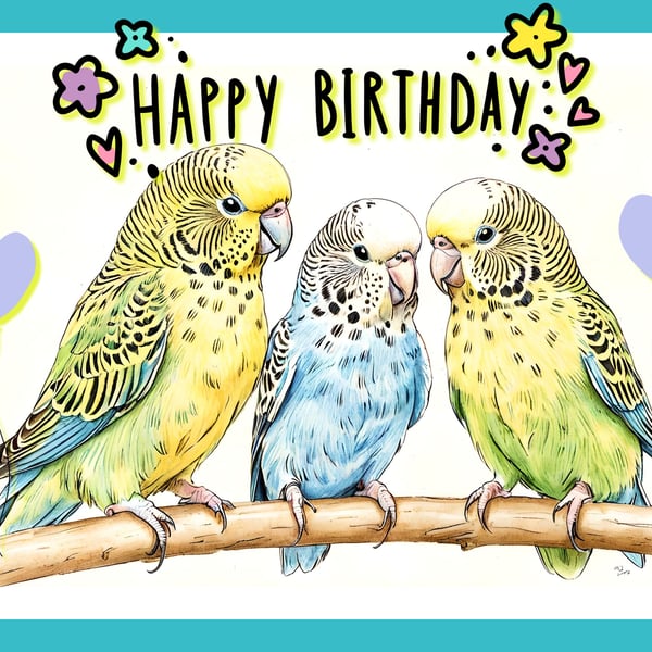 Happy Birthday Budgies Card A5