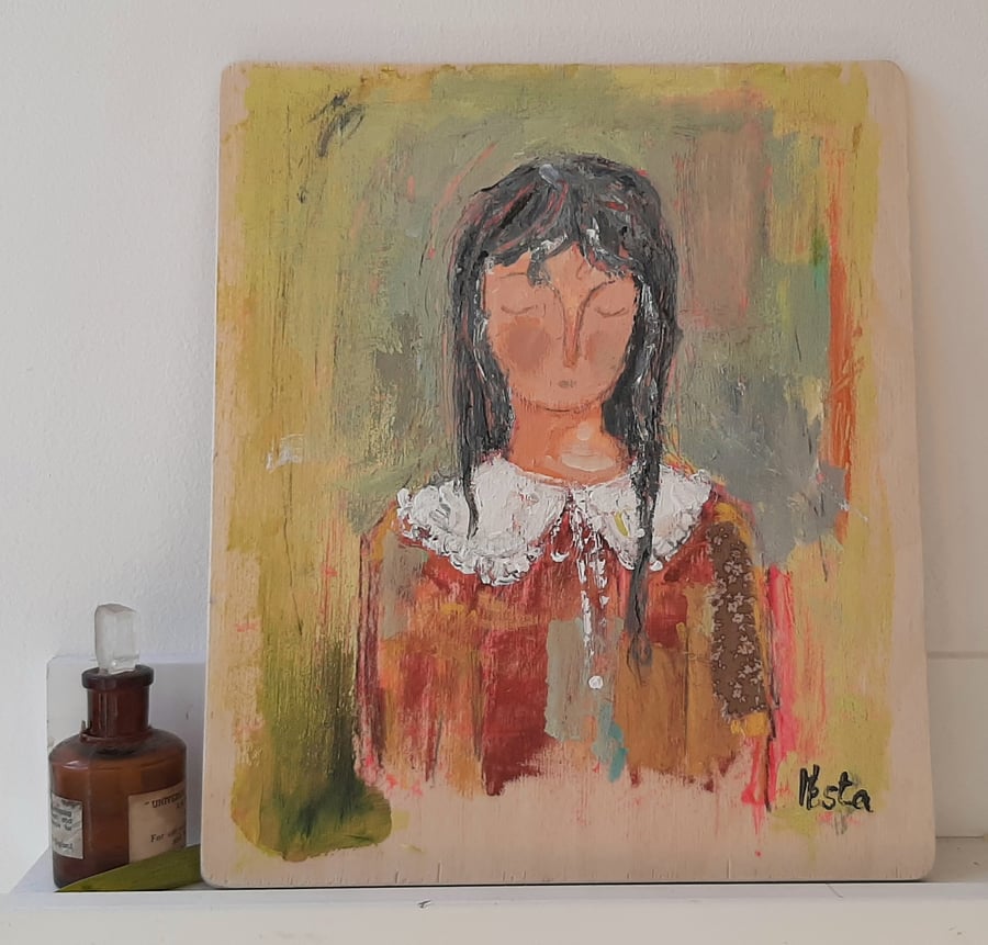 Girl in collar acrylic painting on reclaimed wood