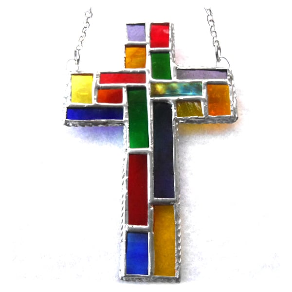 Stained Glass Cross Suncatcher Handmade Patchwork Rainbow 