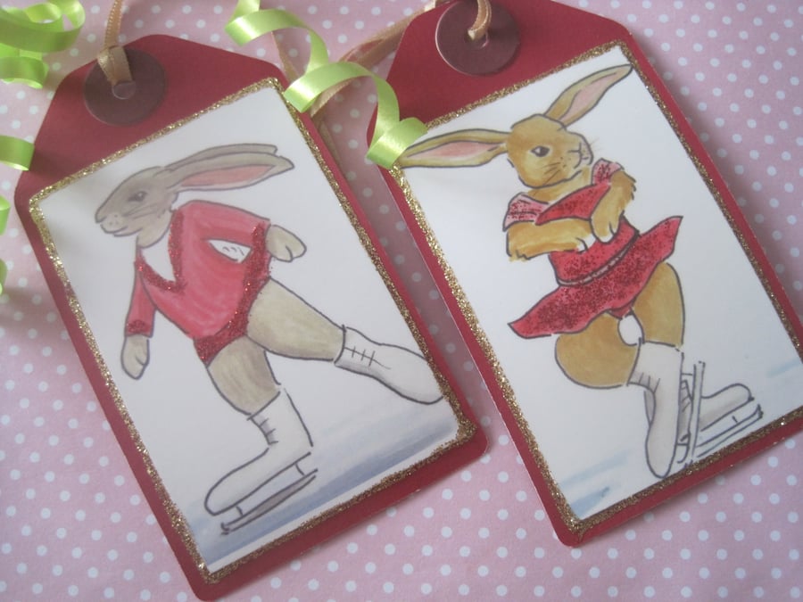 Christmas Gift Tag Ice Skating Rabbits 