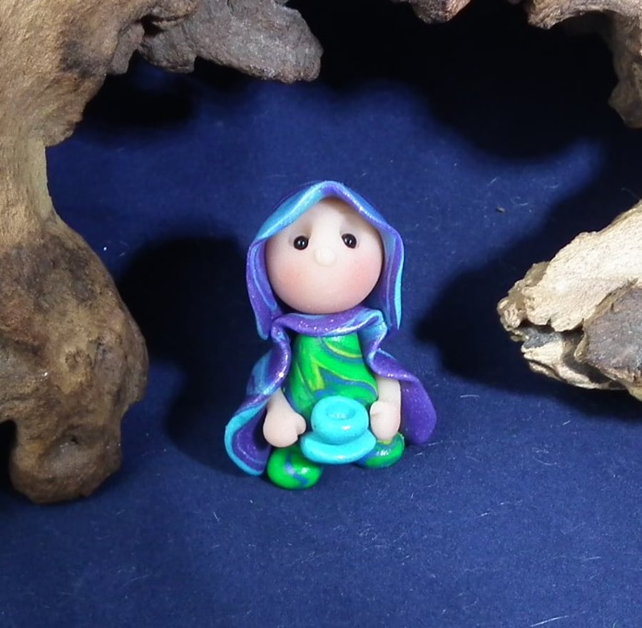 Tiny Teamaking Gnome 'Ethie' with teacup OOAK Sculpt by Ann Galvin