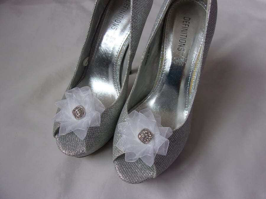 White Organza and Rhinestone Diamante Stud Bridal Wedding Shoe Clips