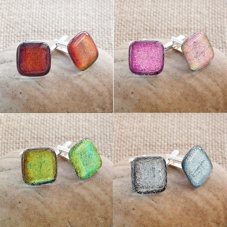 Red, Pink, Yellow and Silver Dichroic Fused Glass Cufflinks 