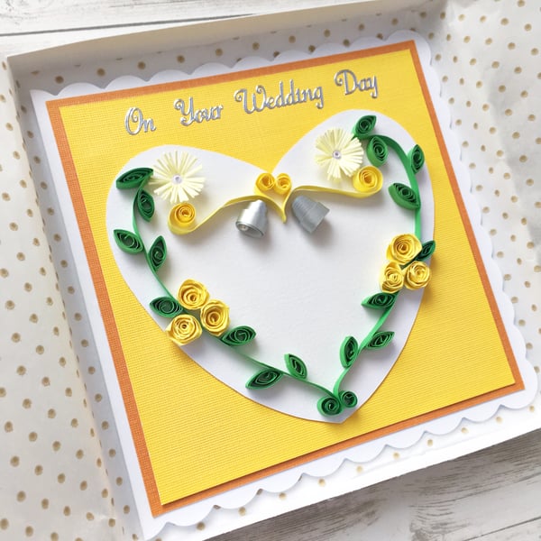 Wedding day card - quilled yellow roses - personalised