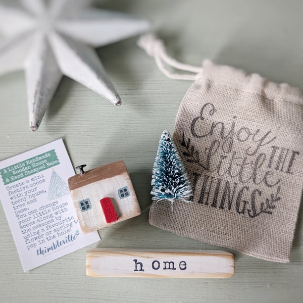 Little Wooden Handmade House in a Bag with Christmas Tree Home