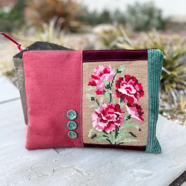 Repurposed Rose tapestry large soft pouch