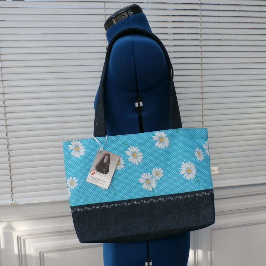 Turquoise Blue Polka Dot Daisy Tote Bag With Denim Handles and Base