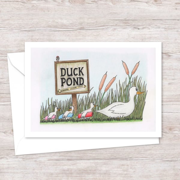 Cute Ducks Greeting Card: Pencil Illustration of a Duck Family Outing (213)
