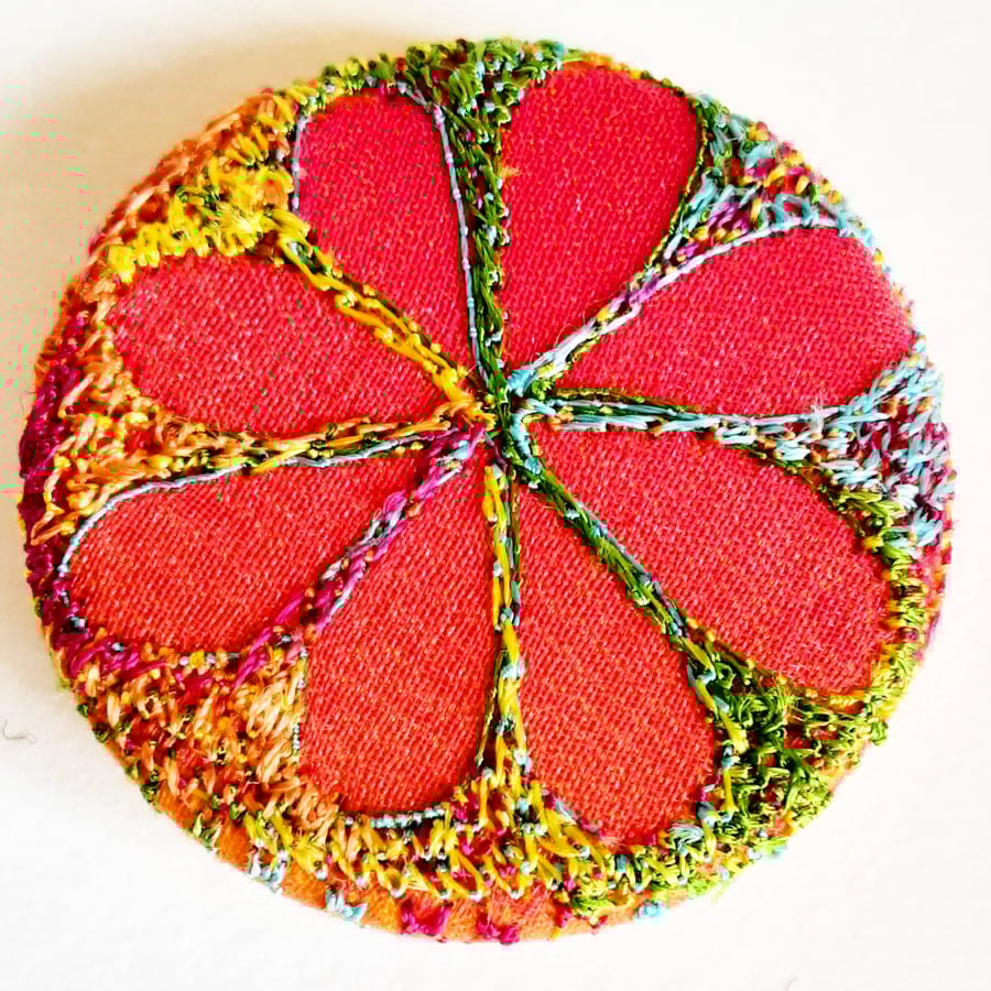 38mm Hand Dyed Fabric Flower Botanical Badge with Free Machine Embroidery 