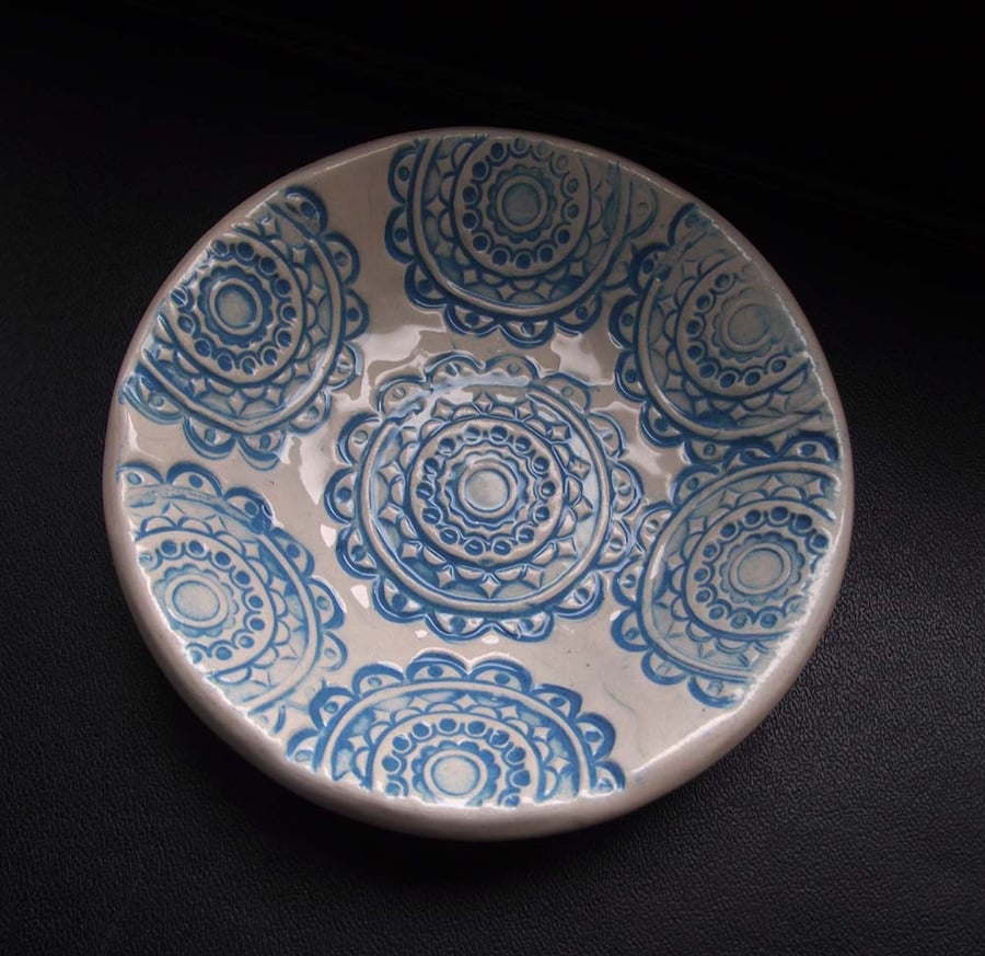 SALE Blue patterned ceramic dish