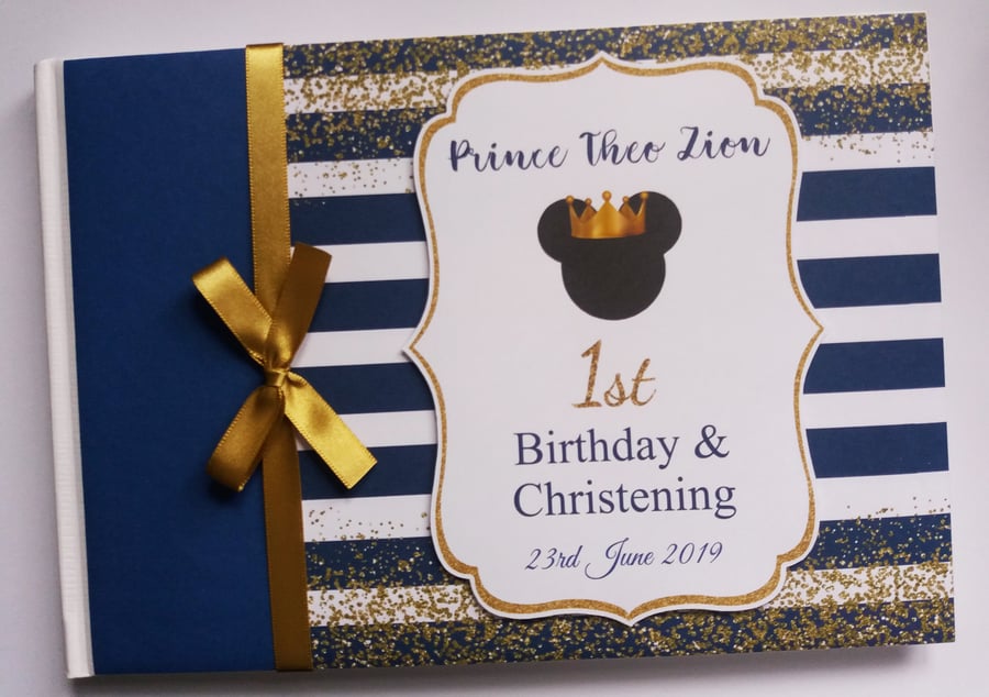 Personalised  Prince Mickey  Birthday Guest Book - gold and royal blue
