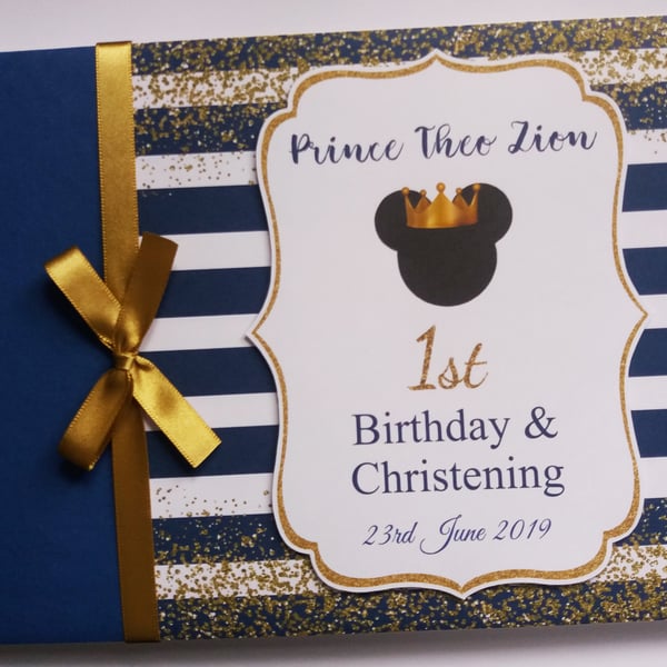 Personalised  Prince Mickey  Birthday Guest Book - gold and royal blue