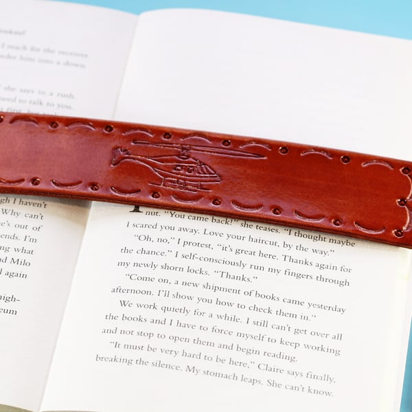Helicopter Hand Carved Leather Bookmark, Unique Book Mark For Pilot Gift