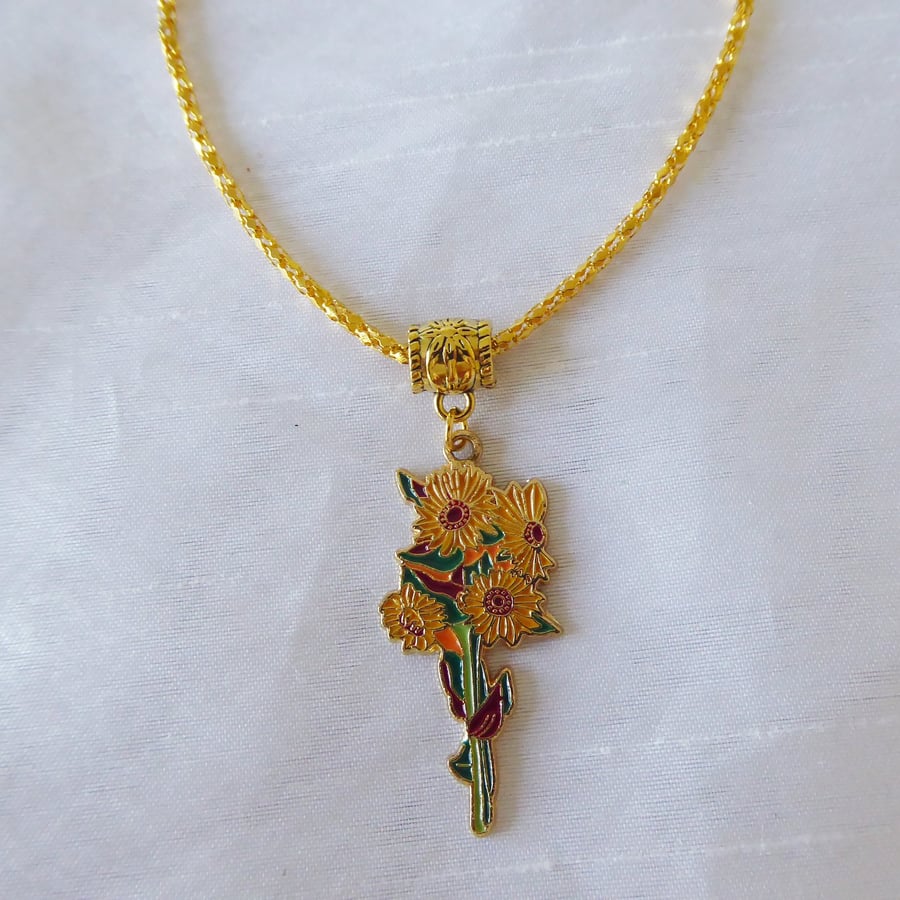 Bunch of Sunflowers Enamelled Pendant Necklace with Gold Plated Chain