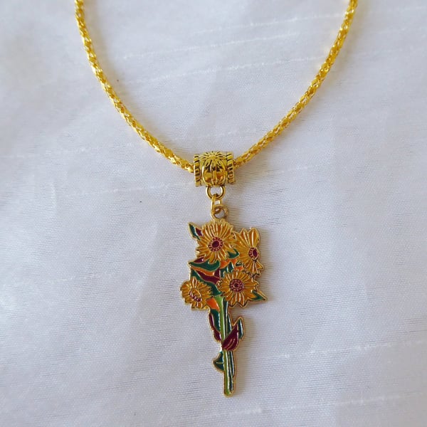 Bunch of Sunflowers Enamelled Pendant Necklace with Gold Plated Chain