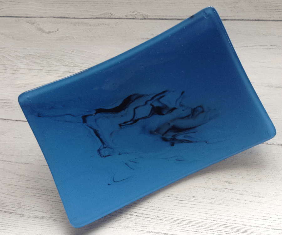 Fused Glass Decorative Dish or Platter, blue with black marbled effect