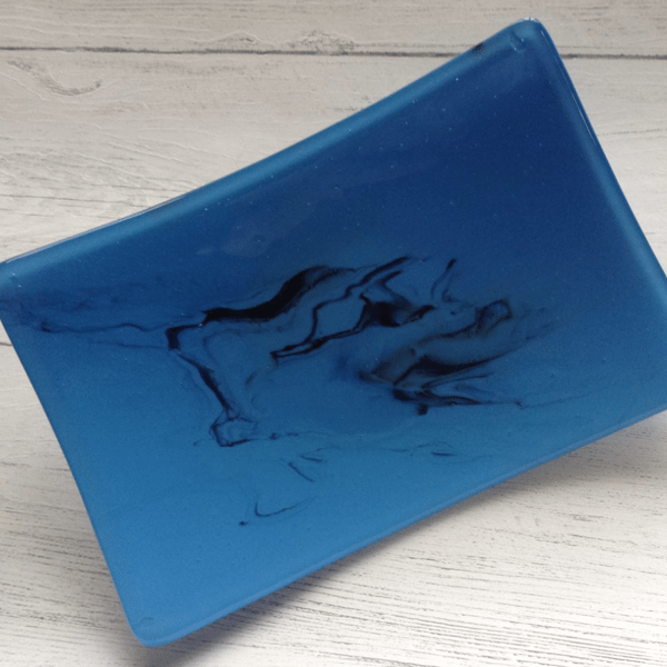 Fused Glass Decorative Dish or Platter, blue with black marbled effect