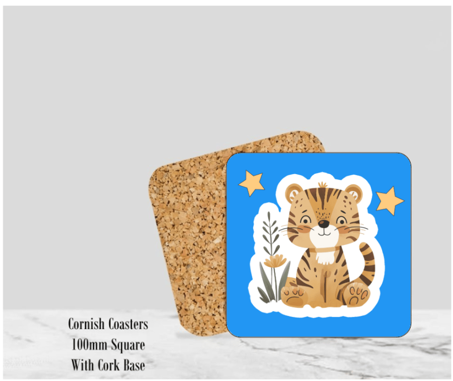 Blue Happy Tiger Coaster 4" Square With Cork Base