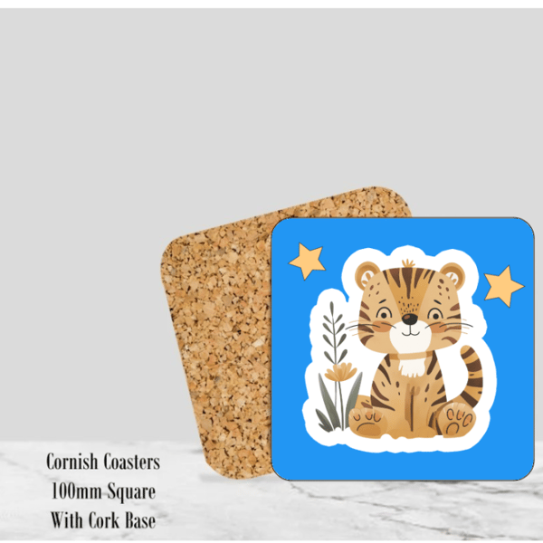 Blue Happy Tiger Coaster 4" Square With Cork Base
