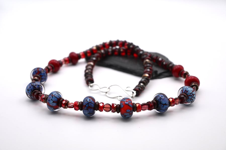 red lampwork glass and garnet beaded necklace