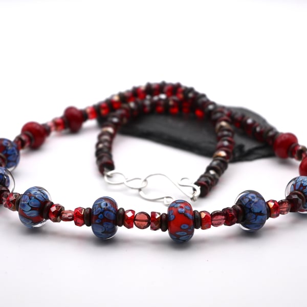red lampwork glass and garnet beaded necklace